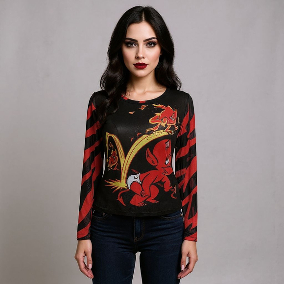 Dolls Kill Tops - Dolls Kill Hot Stuff Casper Black Red Mesh Trusty Trident Long Sleeve Tee - Med